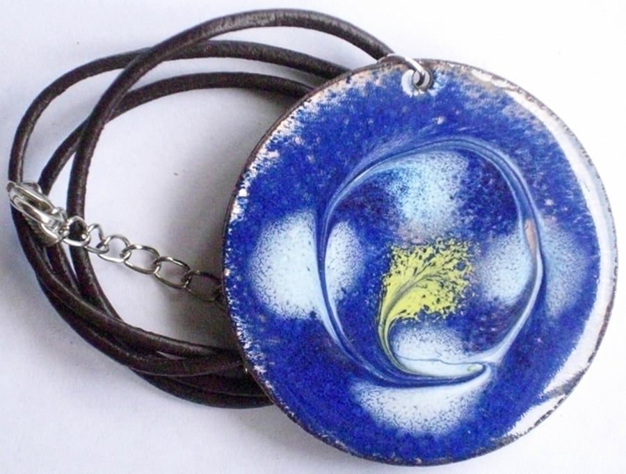 large enamel pendant - scrolled white and gold on blue over clear enamel