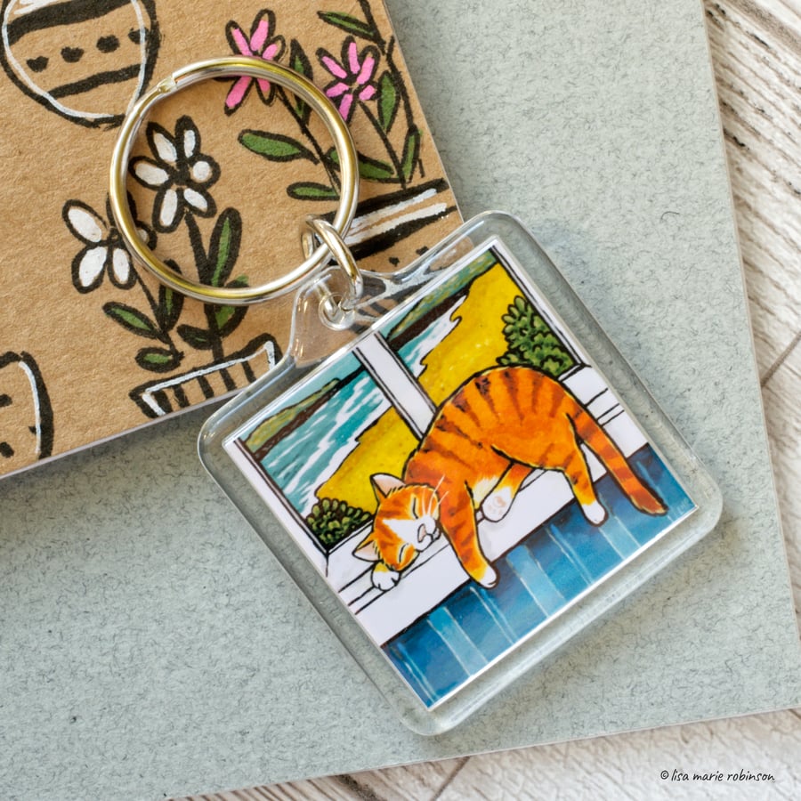 Sleeping Ginger Cat Windowsill Beach Scene Keyring - Square