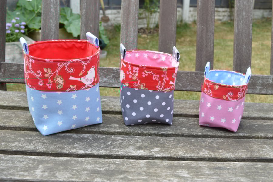 SALE  Set of three handmade fabric storage baskets in contrasting linens. 