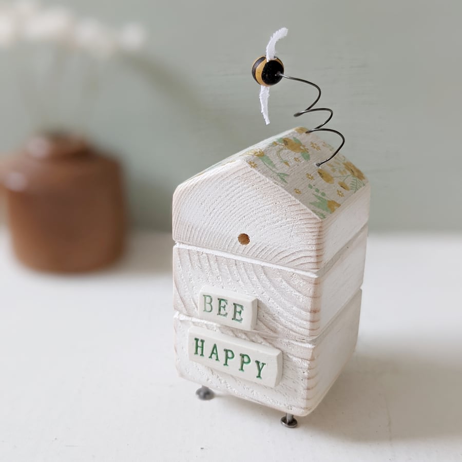 Wooden Beehive With Little Clay Bee 'Bee Happy'