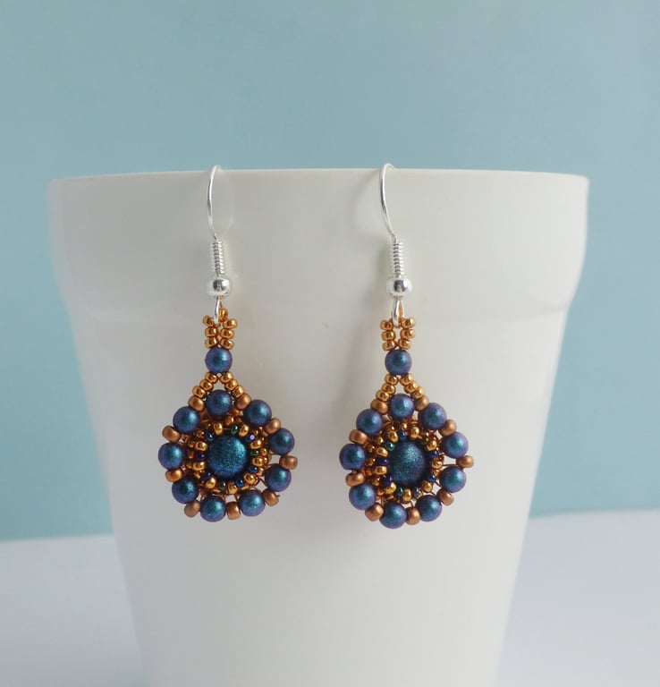 Copper and Dark Metallic Blue Beaded Earrings