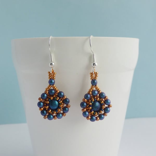 Copper and Dark Metallic Blue Beaded Earrings