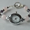 Rose Quartz, Purple Glass & Swarovski Crystal Beaded Watch