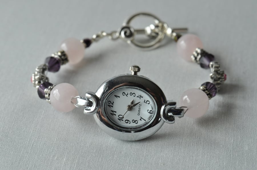 Rose Quartz, Purple Glass & Swarovski Crystal Beaded Watch