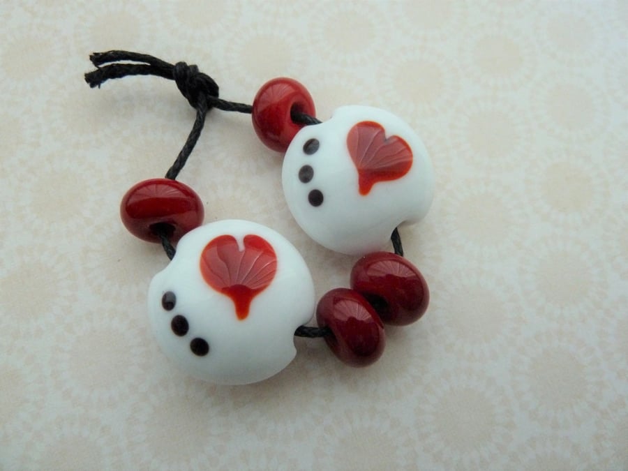 handmade lampwork white and red heart beads