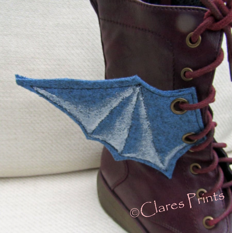 Steampunk Fabric Boot Wings Bat Wings Blue Silver