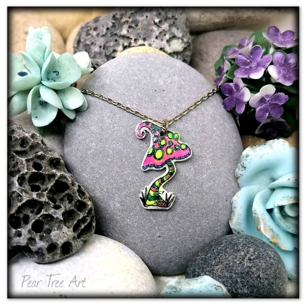 Toadstool pendant on a silver plated chain, Handmade, multicoloured 
