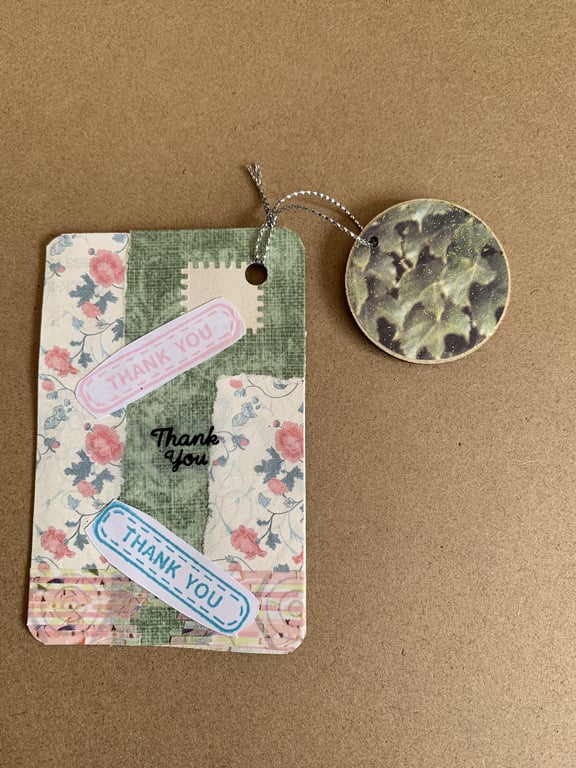 Handmade Bookmark Green Gold Floral Readers Thank You Gift Wood Hanging Ornament