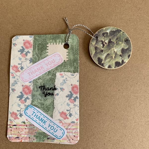 Handmade Bookmark Green Gold Floral Readers Thank You Gift Wood Hanging Ornament