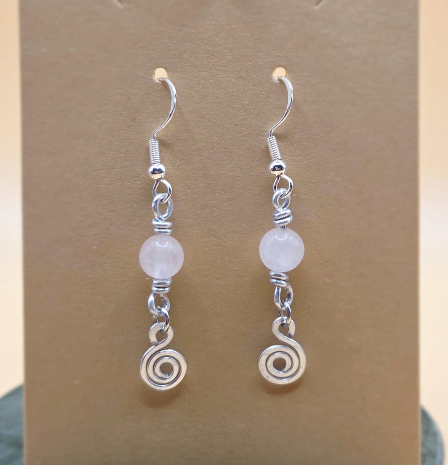 Sterling Silver Rose Quartz Bead Earrings with Spiral Charms