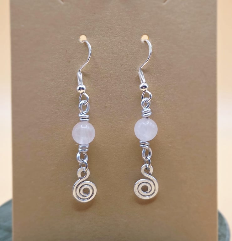 Sterling Silver Rose Quartz Bead Earrings with Spiral Charms