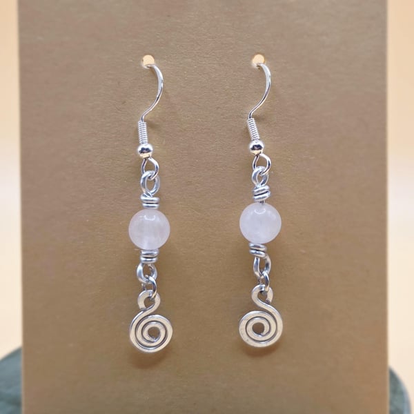 Sterling Silver Rose Quartz Bead Earrings with Spiral Charms