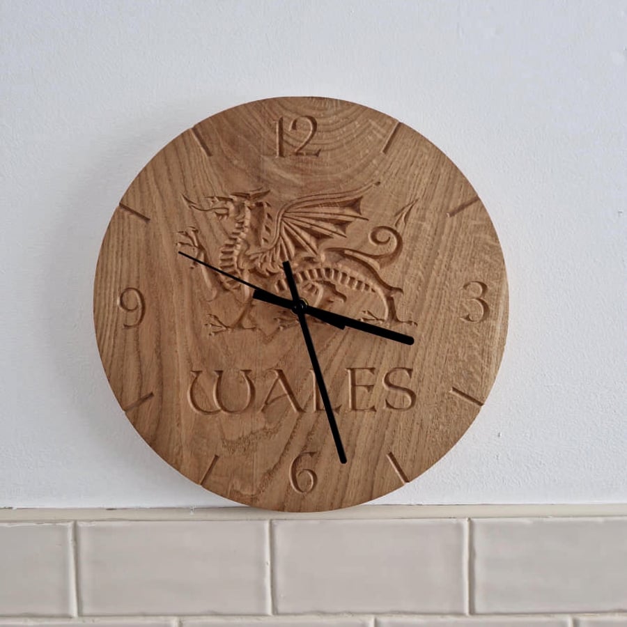 Natural Oak Round Wall Clock with Welsh Dragon 