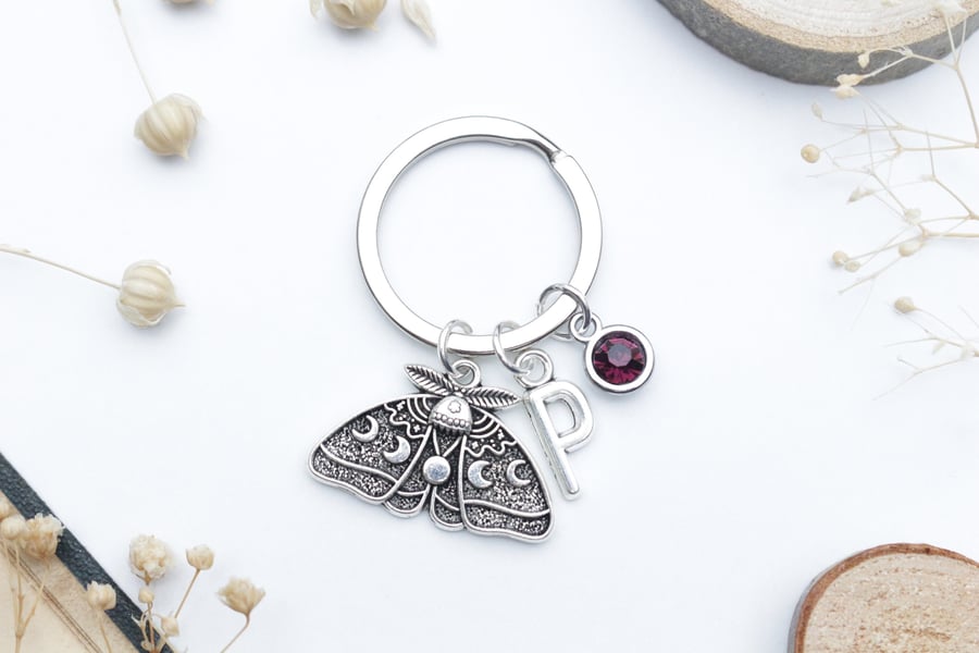 Lunar Moth Keyring - Witchy Jewellery. Moon Phase Keyring.