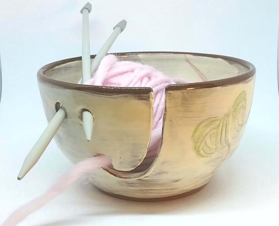 SALE Handmade yarn bowl hand painted with balls of wool for crochet knitting 