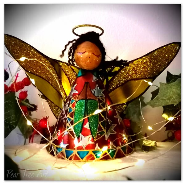 Large: Red Tin Angel Christmas tree topper