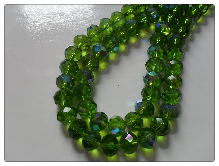 25 x Faceted Glass Beads - Rondelle - 10mm x 7mm - Bright Green AB 