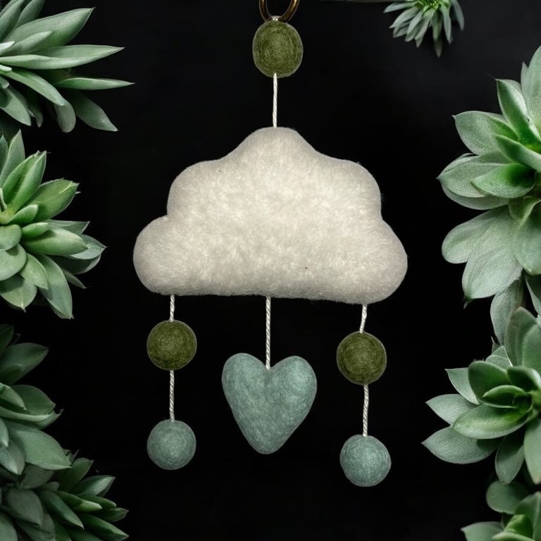 Felted small cloud wall hanging with coloured felt balls and heart (green)