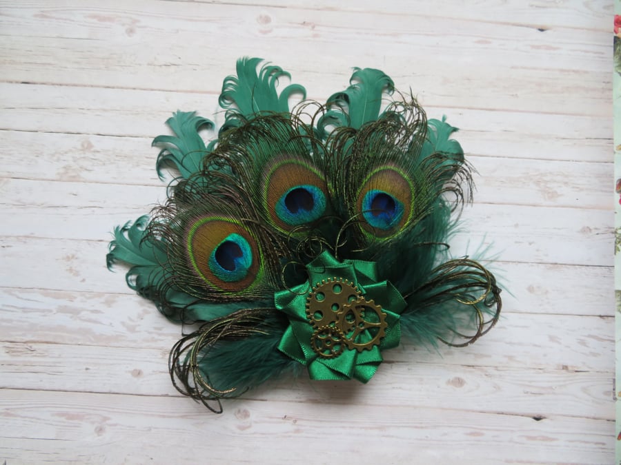 Bottle Green Peacock Feather and Pearl Steampunk Rustic Hair Clip Fascinator