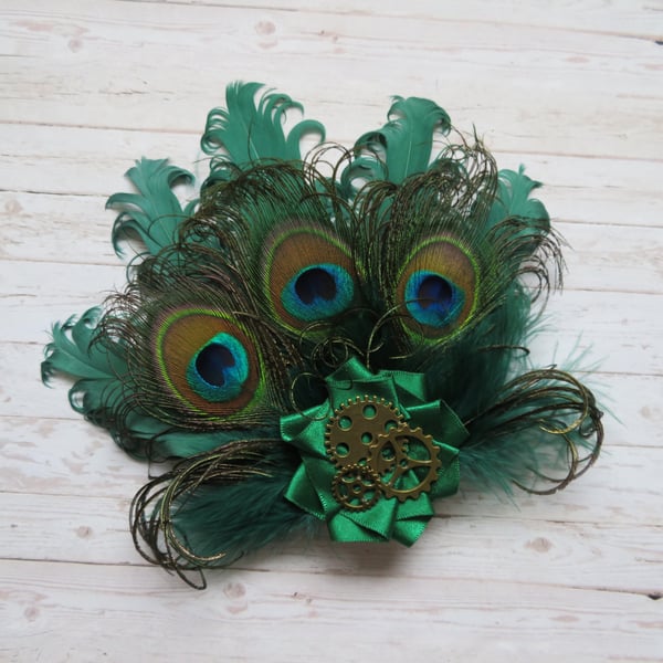 Bottle Green Peacock Feather and Pearl Steampunk Rustic Hair Clip Fascinator