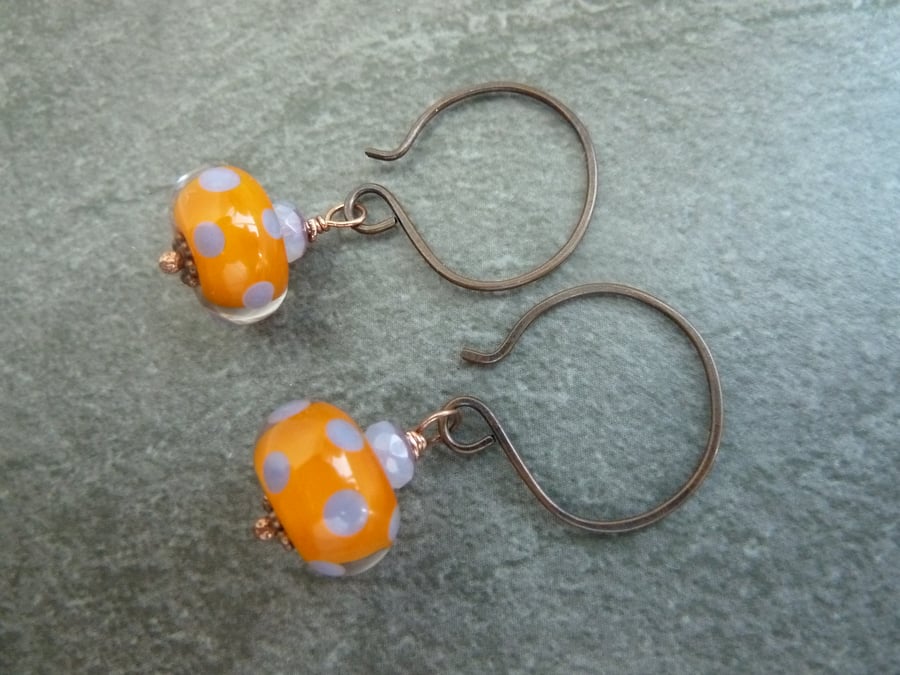 copper, orange and purple spot lampwork glass earrings