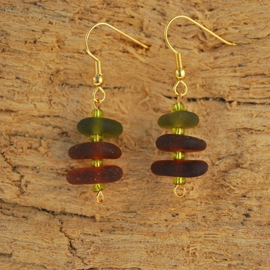 Brown and olive sea glass earrings
