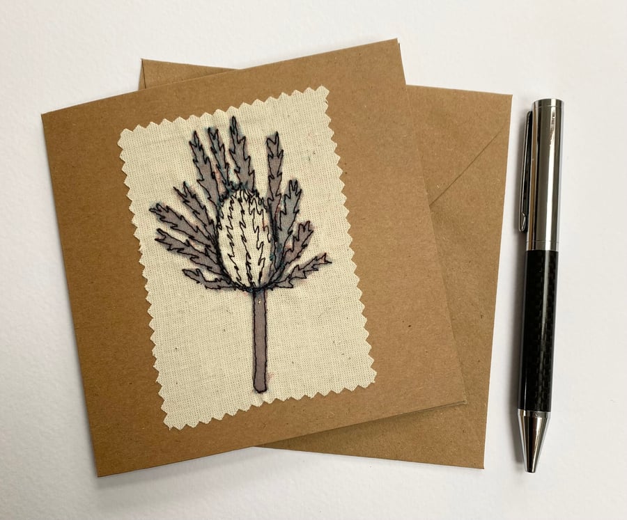 Thistle flower recycled embroidered art card. 