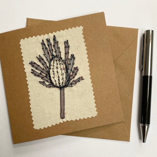 Thistle flower recycled embroidered art card. 