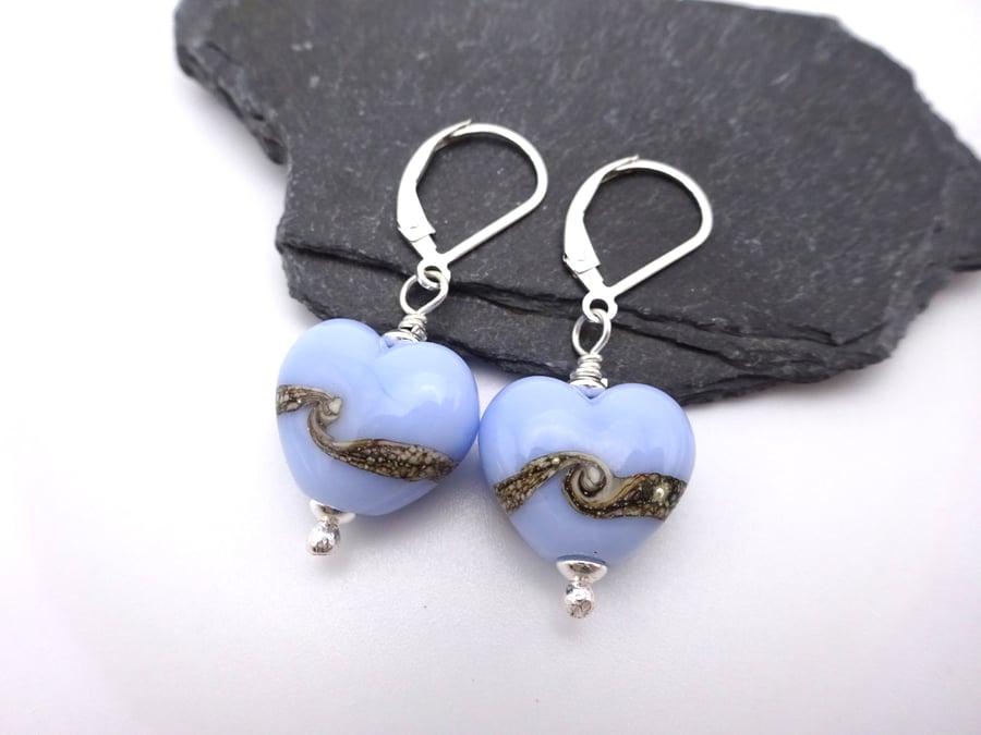 blue lampwork glass heart earrings, lever back sterling silver 