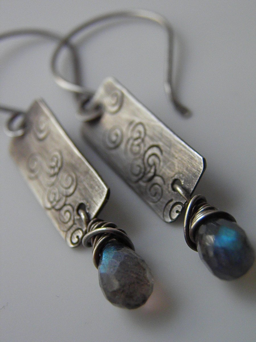 Labradorite Earrings Sterling Silver Earrings Oxidised Long Stamped Design