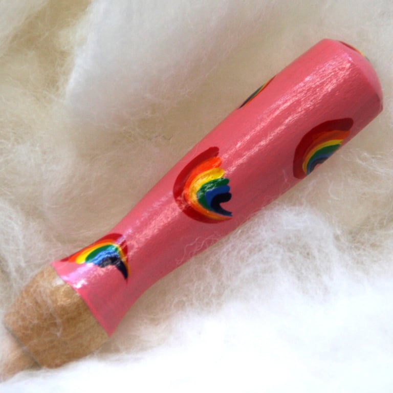 pink hand painted needle grip tool for needle felting with rainbow swishes