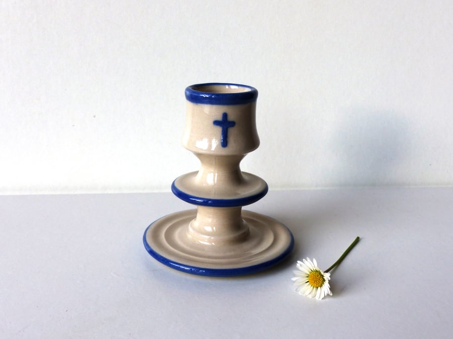  Blue Christening, Baptism or New Baby Candlestick Pottery Handthrown Ceramic 