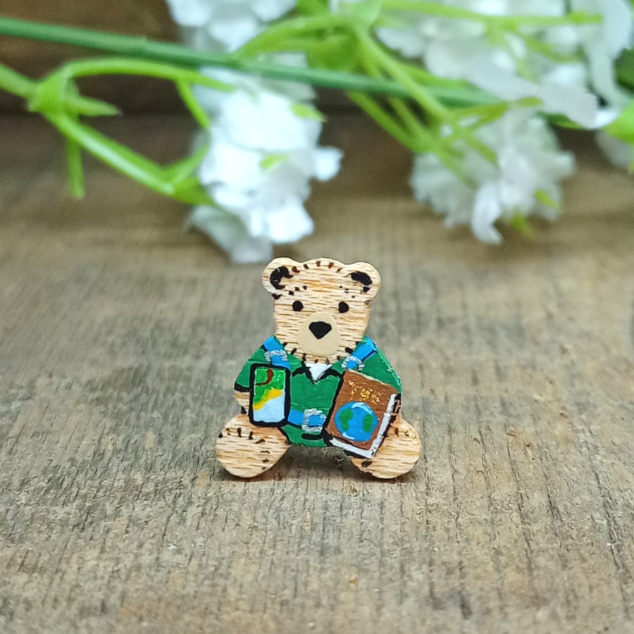 Tiny Backpacker Bear Pin, Handmade Travel Gift, Teddy Bear Brooch For Traveller