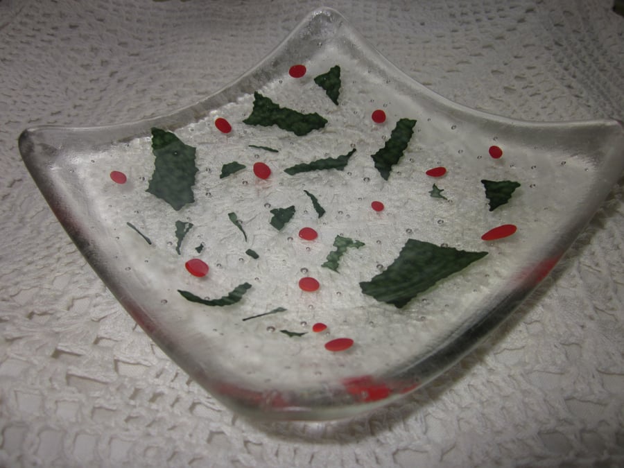 Handmade fused glass candy bowl - holly