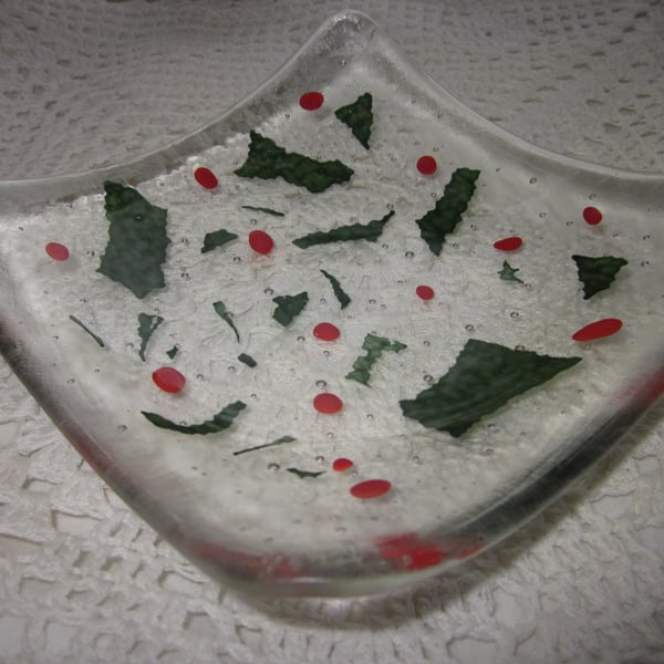 Handmade fused glass candy bowl - holly