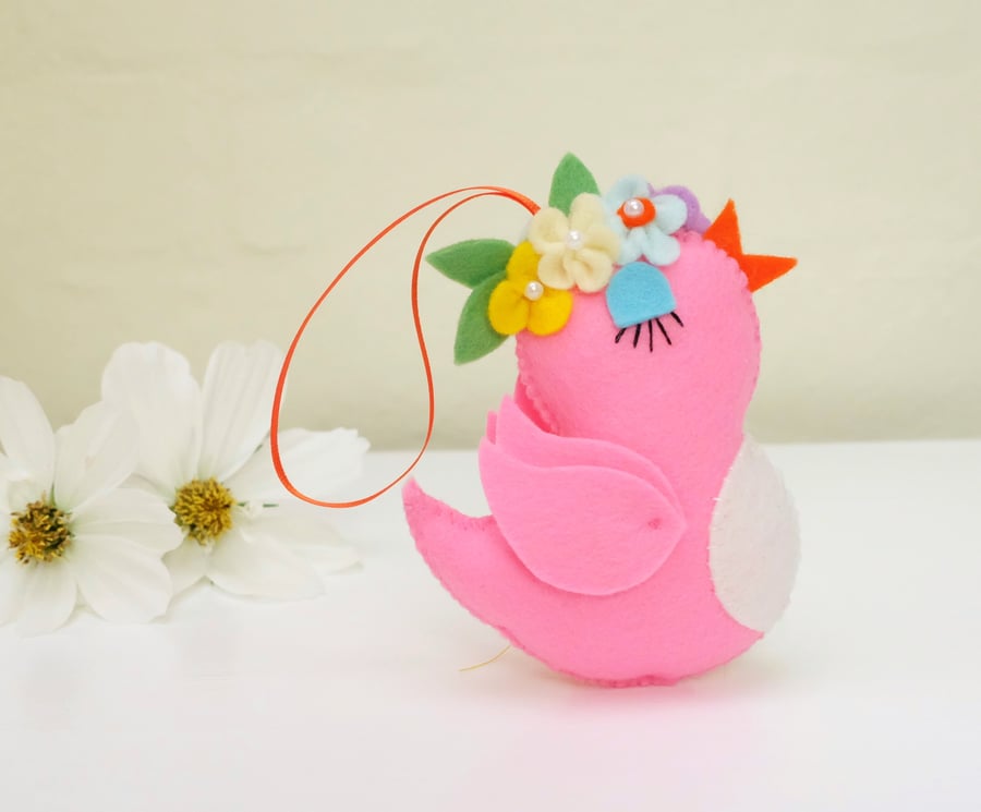 Bright Pink Retro Felt Bird Decoration with Flower Crown