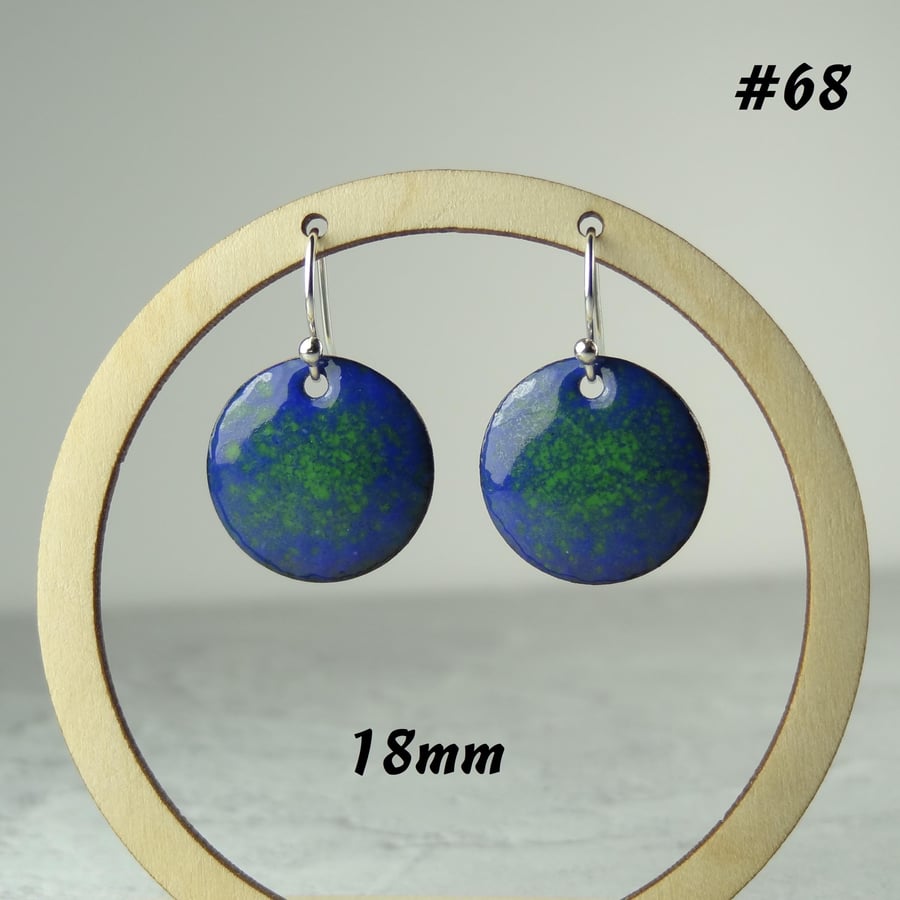 Blue and green domed disc glass enamelled copper drop earrings, 18mm