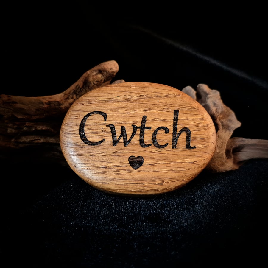 Cwtch Solid Oak Keepsake Pebble. Handmade Welsh Gift