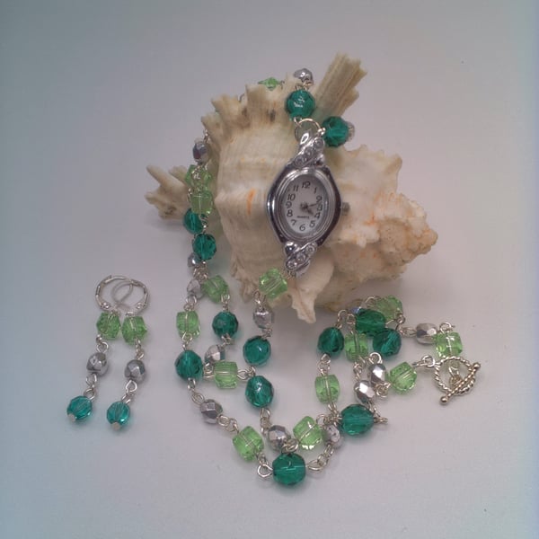 Green Crystal Glass Bead and Silver Bead Fob Watch and Earrings, Gift for Her