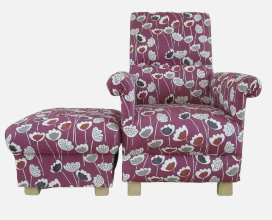 Purple Floral Chair & Footstool Adult Armchair Pouffe Mauve Accent Flowers Small