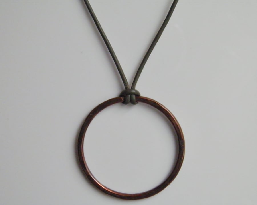 Large Copper Circle Necklace on Leather Handcrafted Large Pendant Statement