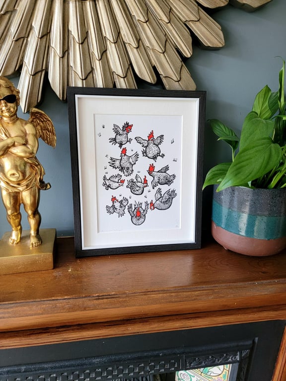 It's Raining Hens (Hallelujah) - handmade original linocut bird art print