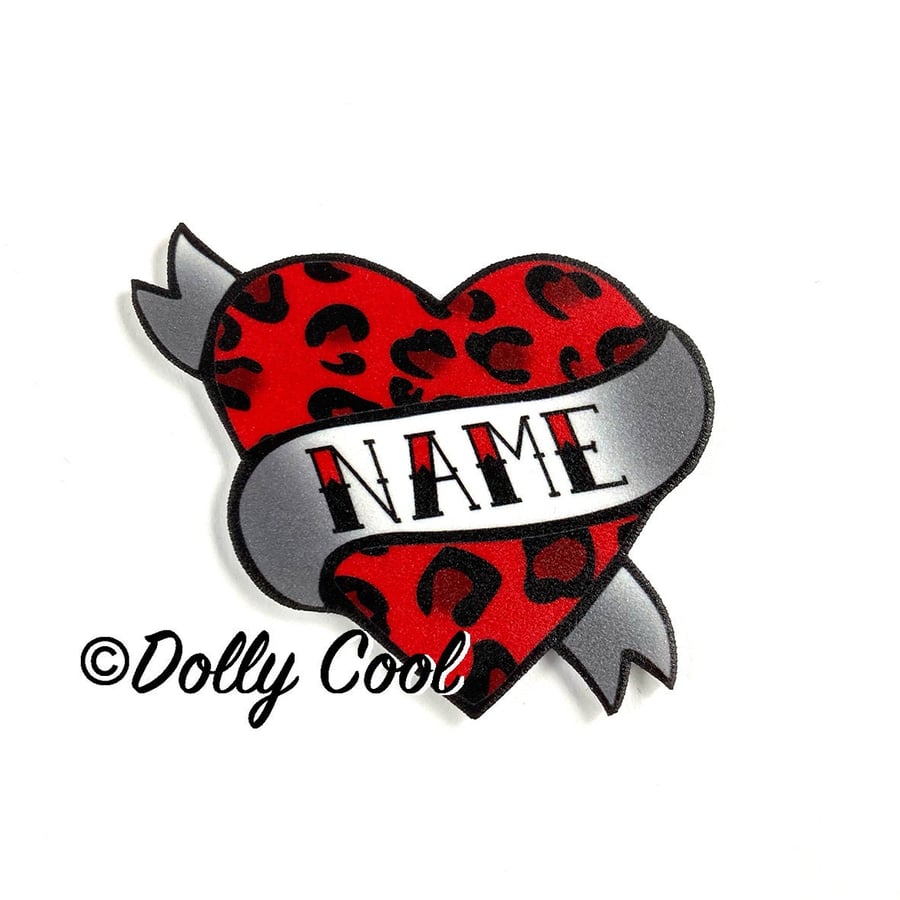 Red Leopard Heart Brooch Custom Personalized Name - Your choice of word - 
