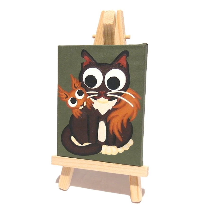 Sold Red Squirrel and Cat Cute Mini Art