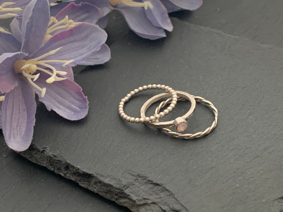 Sterling silver and Swarovski stacking ring set  - Rose water Opal