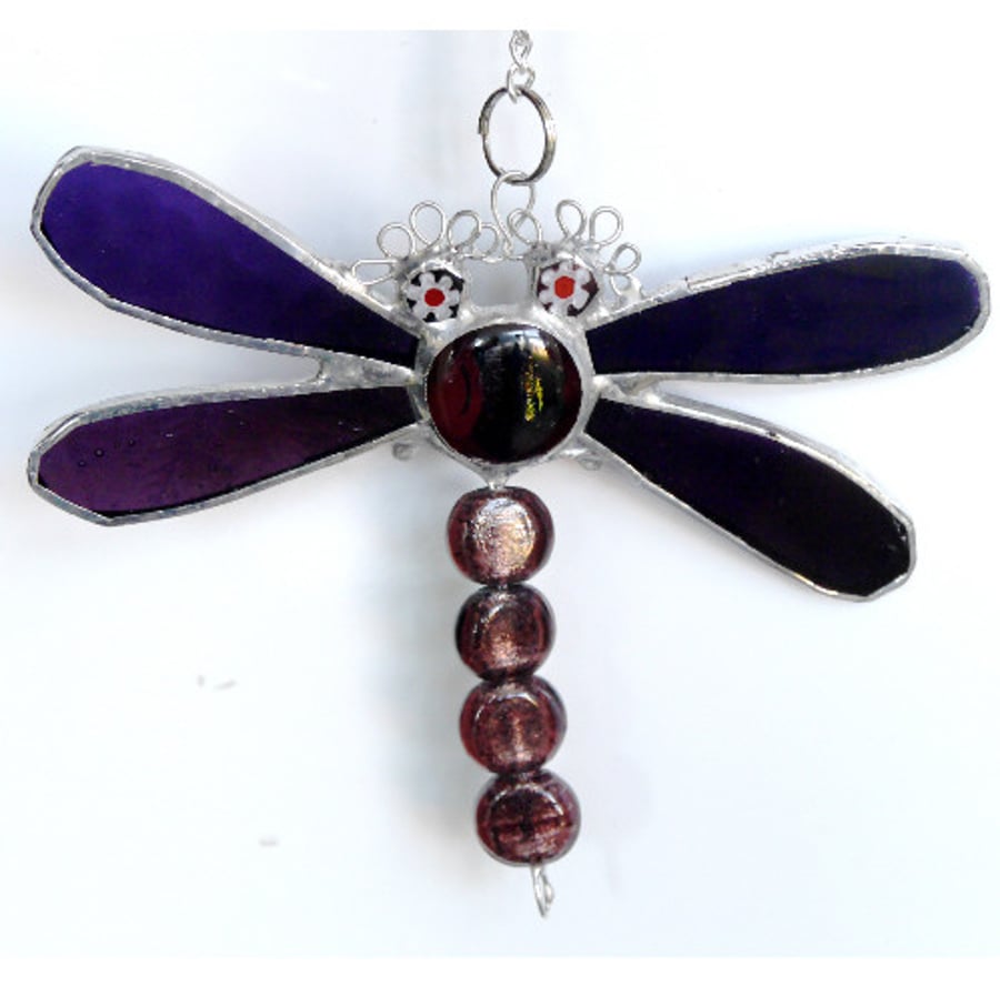 SOLD Dragonfly Suncatcher Stained Glass Purple Bead-Tailed 034