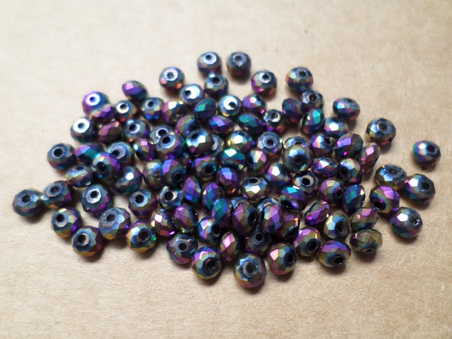 100 x Faceted Glass Beads - Rondelle - 4mm - Rainbow (Metallic)