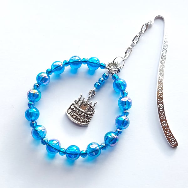 Happy Birthday Metal Bookmark Birthday Cake Charm Bright Blue Beads