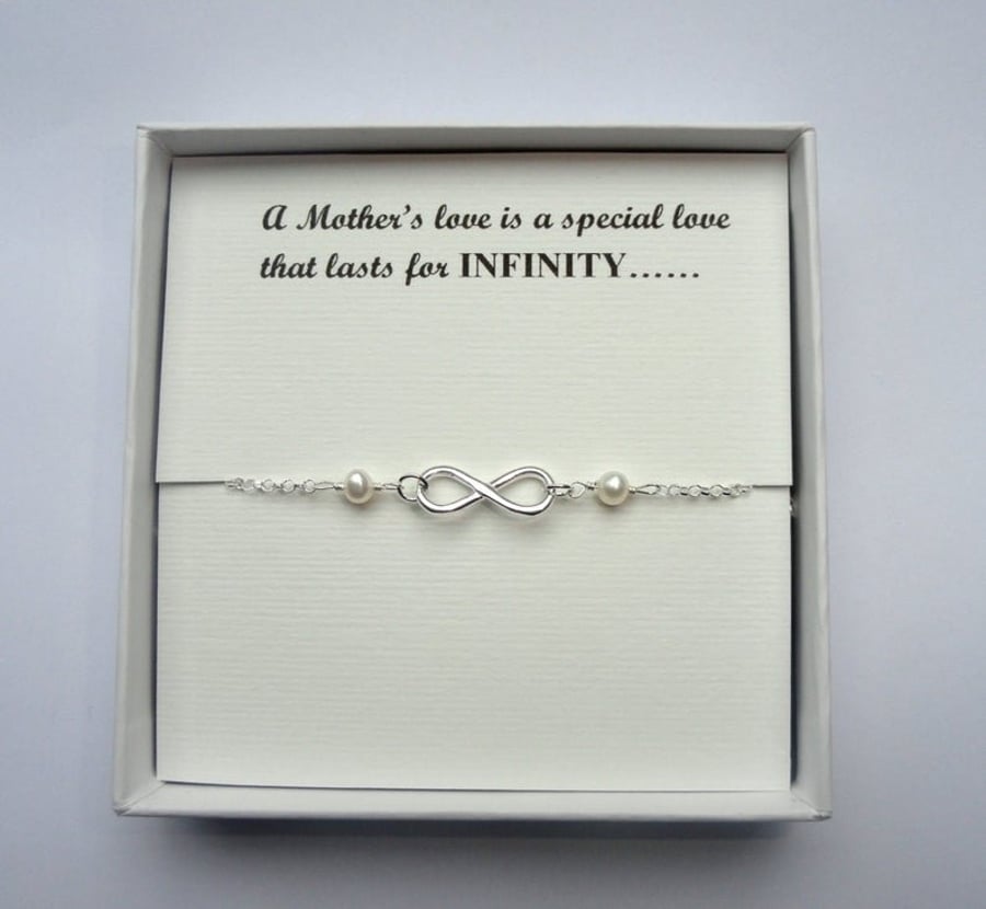 Gift for Mum, Sterling silver infinity freshwater pearl bracelet