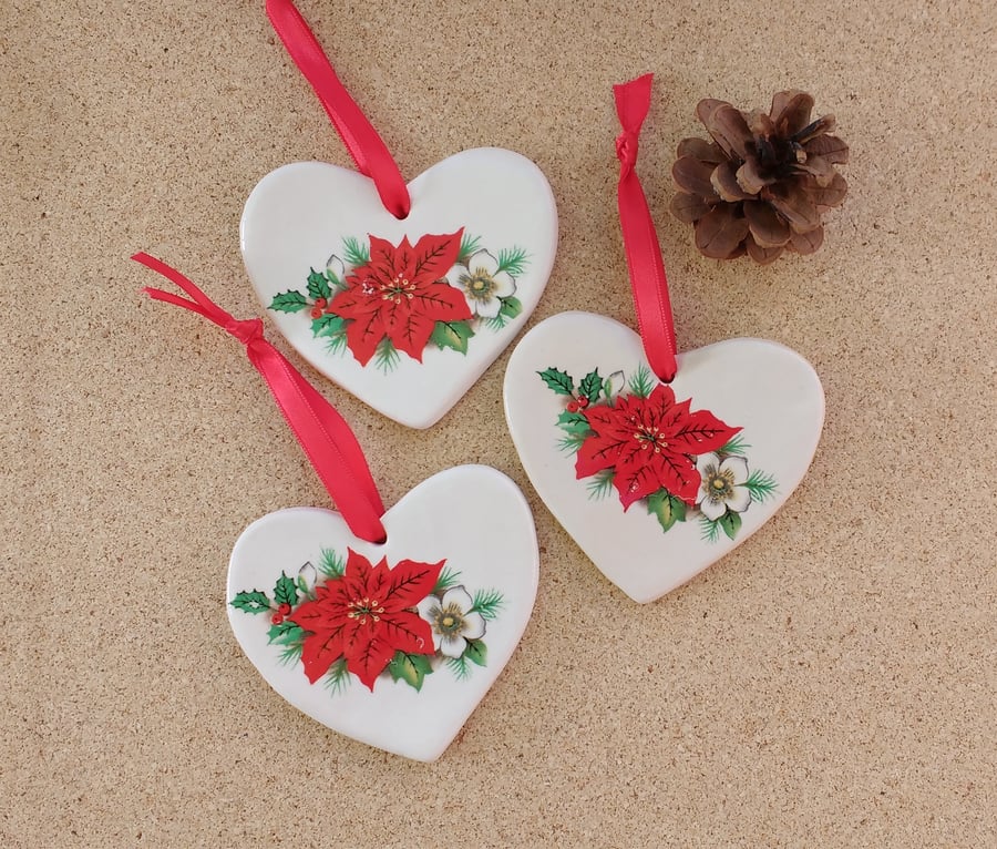  Heart hanger with red poinsettia flower and holly - Clay Christmas decor  1LL